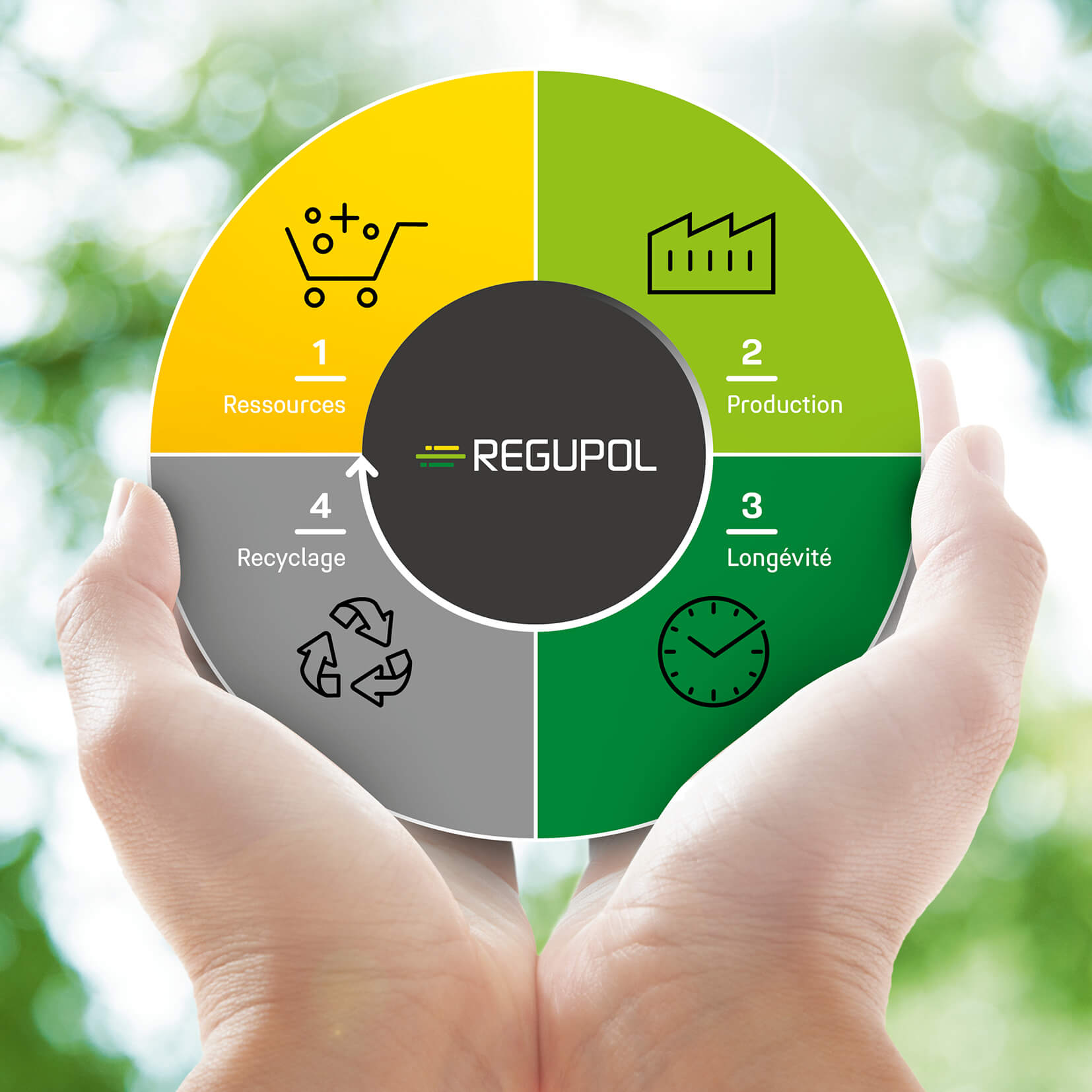 Deux mains tiennent un graphique circulaire illustrant les quatre phases du cycle durable de REGUPOL : 1. Ressources, 2. Production, 3. Durabilité, 4. Recyclage. Fond flou de nature verte.