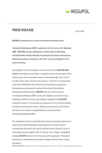 Communiqué de presse: Regupol parmi les lauréats du prix d'économie environnementale de l'État